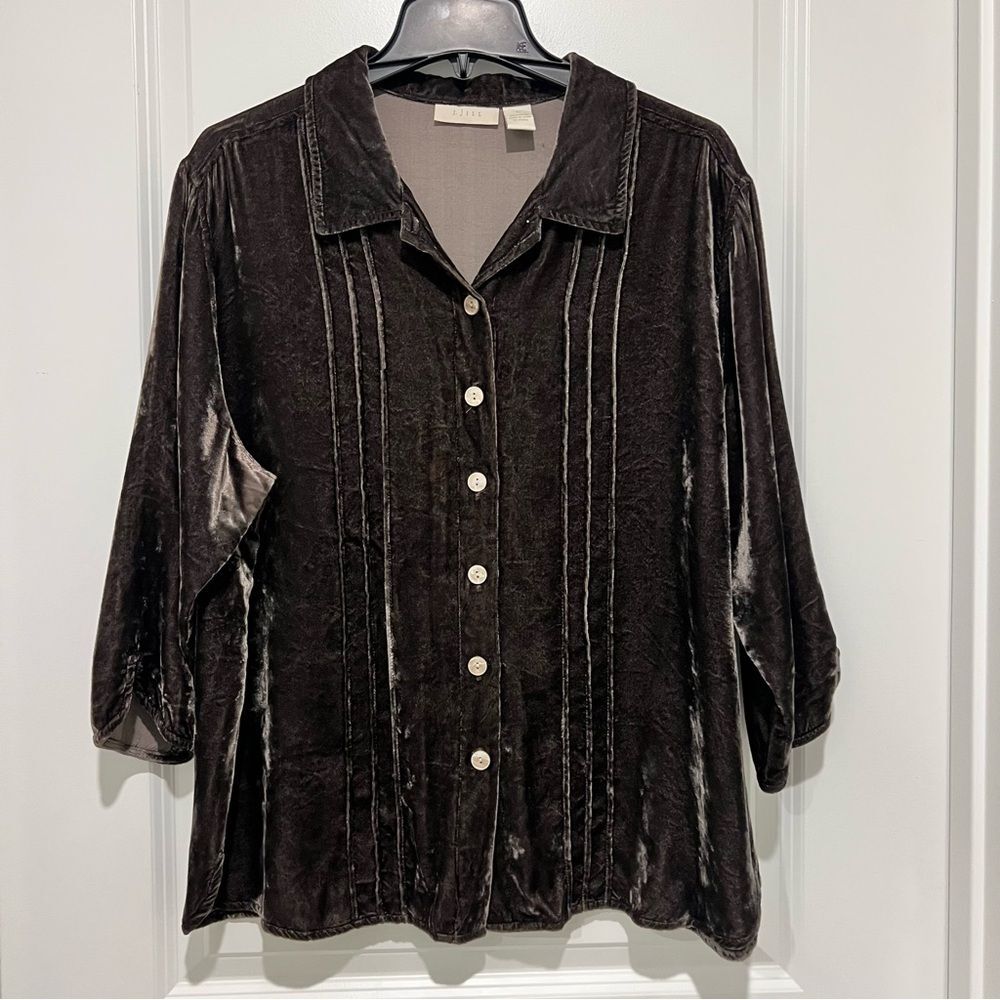 Vintage J. Jill Women's Crushed Velvet Button Up Blouse 3/4 Sleeves Brown L (14)